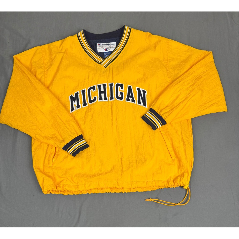 Champion Michigan Wolverines V-Neck Windbreaker Pullover Yellow Mens Large